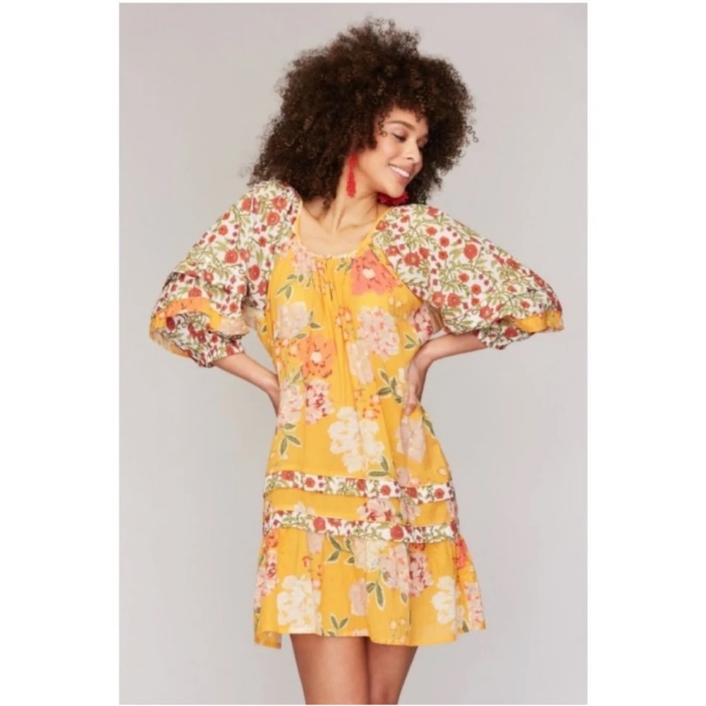 Roller Rabbit Semara Tamania Mini Dress Shift Puff Sleeve Ruffled Floral Keyhole